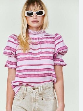 Hunter Bell Monroe Top Pink Stripe Ruffle Mock Neck Puff Sleeve Blouse Size M